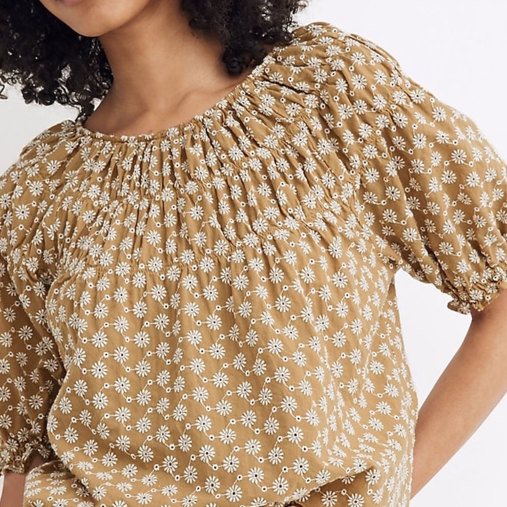 Madewell Daisy Embroidered Shirred Puff-Sleeve Top